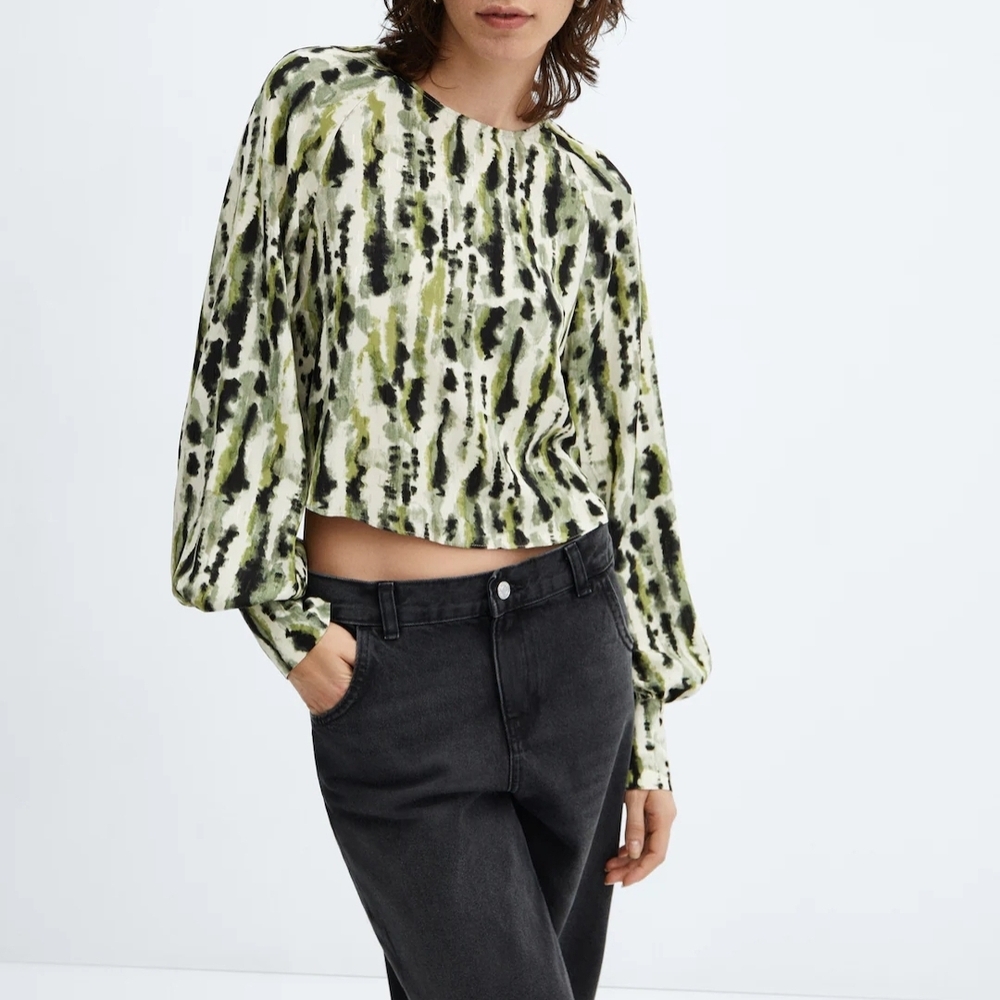 Mango Green and Black Boxy Crop Blouse with Mandarin Collar  XS